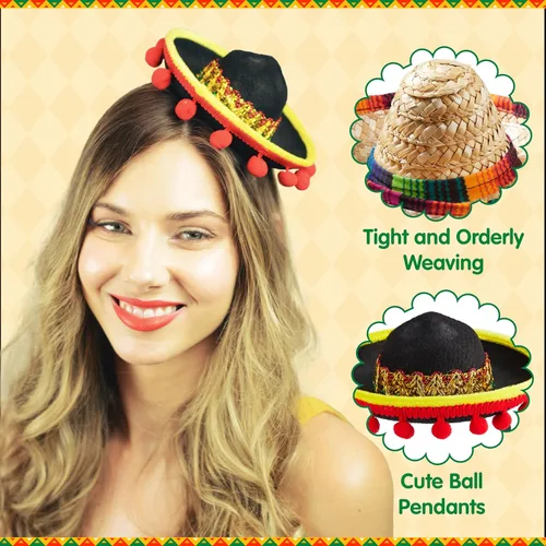 Vista 3 de JOYIN 6 diademas de tela y sombrero de paja del Cinco de Mayo, para disfraz de fiesta divertida, suministros de fiesta, accesorios de fotos