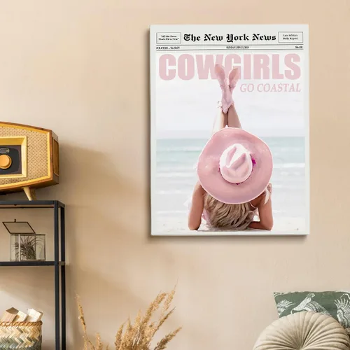 Vista 3 de Arte de pared de vaquera costera rosa, póster de periódico vintage de los años 70, revista de surf costero, póster retro chic de surfista de playa