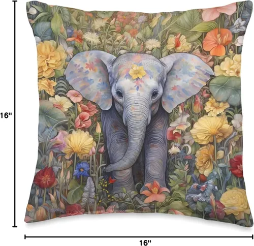 Vista 4 de Nature's Neighborhood Batik - Almohada de elefante floral, 16 x 16 pulgadas, multicolor