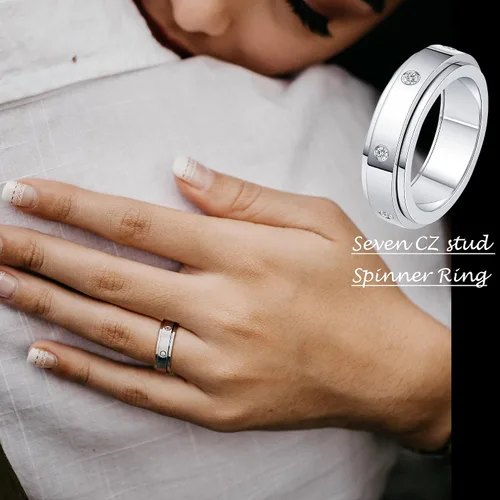 Vista 2 de Titanium Stainless Steel Spinner Rings Cubic Zirconia Stones Anxiety Rings Fidget Band Rings for Women Men Relieving Anxiety Wedding Promise Comfort