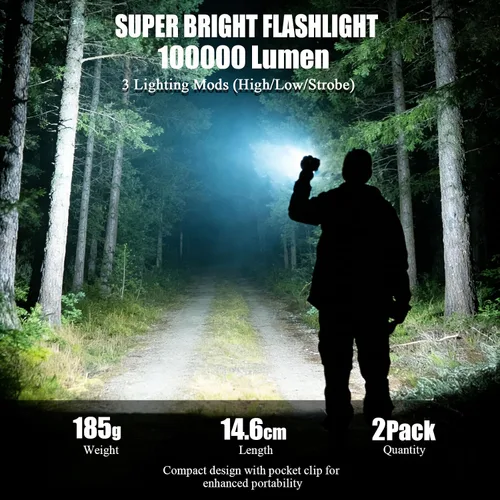 Vista 2 de Flashlights High Lumens Rechargeable 2 Pack Super Bright 100000 LM LED Flashlight with LCD Power Display, 3 Modes, Zoomable, IP67 Waterproof for