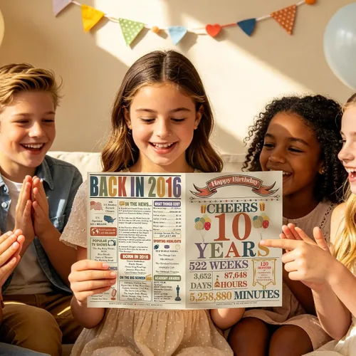 Vista 6 de Asmallgf Tarjeta de regalo vintage de 10º cumpleaños para niñas, niños y adolescentes, mensaje impreso en el interior con sobre de papel kraft