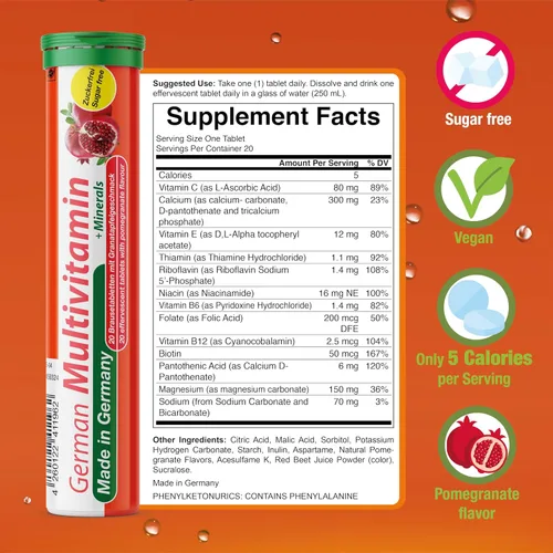 Vista 3 de T&D German Multvitamin + Minerals 10 Vitaminas 2 Minerales - 100 tabletas efervescentes de bebida vegana - Sabor a granada - Hecho en Alemania
