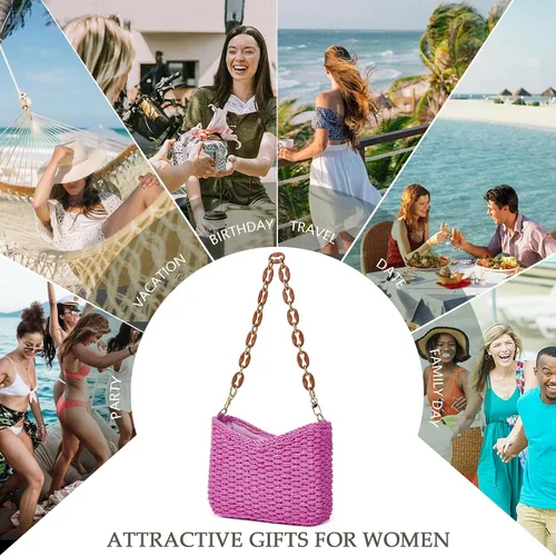 Vista 6 de JYG Bolso de hombro tejido de paja para mujer, pequeño, de verano, playa, viaje, bolso cruzado clásico, bolso de mano
