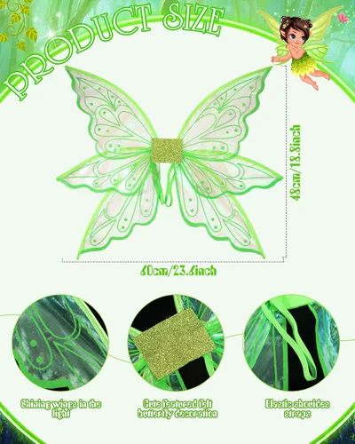 Vista 2 de Hicarer 5 Pcs Butterfly Fairy Wing Costume Set for Women Wing Elf Ear Flower Crown Star Wand Green Tutu Skirt Adult Girl Kid
