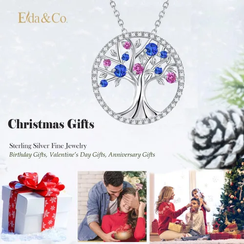 Vista 2 de Collar del árbol de la vida para ella, piedras natales de septiembre y octubre, zafiro azul, rosa, turmalina, joyería para mujer, joyería fina