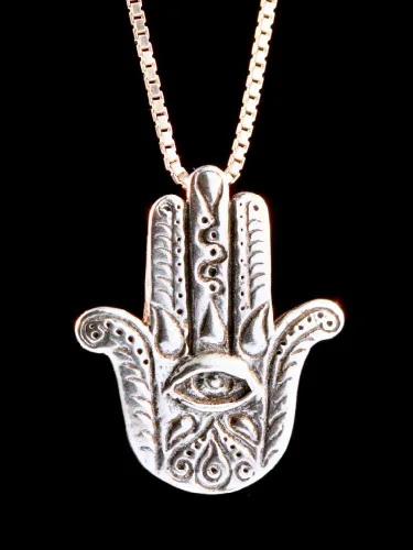 Vista 2 de Hamsa Mano y Ojo Colgante Plata Mano de Fátima Evil Eye Lotus Charm 5 Elementos Chakra Yoga Boho Joyería
