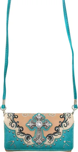 Vista 3 de Zelris Western Silver Cross Turquesa Mujeres Crossbody muñeca Trifold Wallet