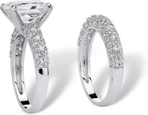 Vista 2 de PalmBeach Jewelry Yellow Gold-Plated or Platinum Plated Emerald Cut Cubic Zirconia Pave Bridal Ring Set