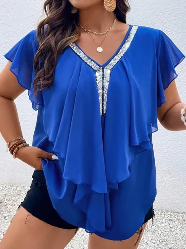 Vista 3 de SOLY HUX Women's Plus Size Glitter Sequin V Neck Blouse Shirt Ruffle Short Sleeve Summer Tunic Tops