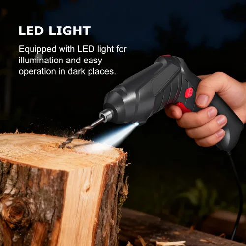 Vista 8 de Destornillador inalámbrico recargable con luz LED, taladro manual eléctrico compacto con carga USB, mango ergonómico para montaje de muebles