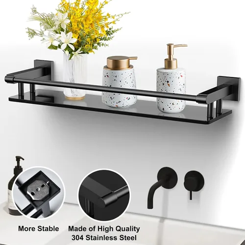 Vista 7 de Estante de vidrio para baño, estantes de baño de 20 pulgadas con toallero, estantes de vidrio templado con toallero de acero inoxidable para estante