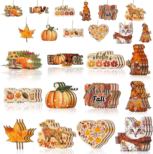 Vista 11 de FairySandy 36 piezas de decoración y adornos de árbol de otoño, gnomos de Acción de Gracias, adornos colgantes de madera, calabazas, hojas, flores