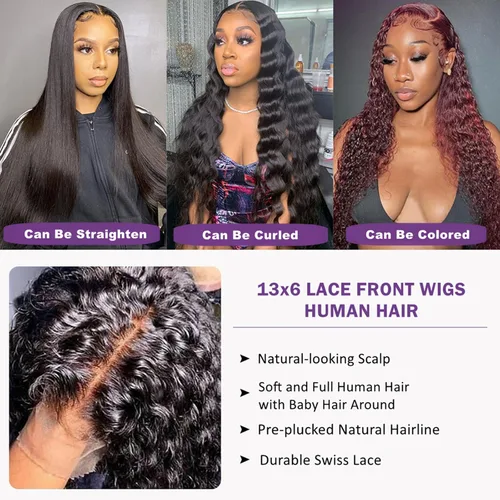 Vista 2 de Pelucas de cabello humano con encaje frontal HD de 13 x 6 pulgadas, cabello humano prearrancado, color negro natural, sin pegamento, peluca