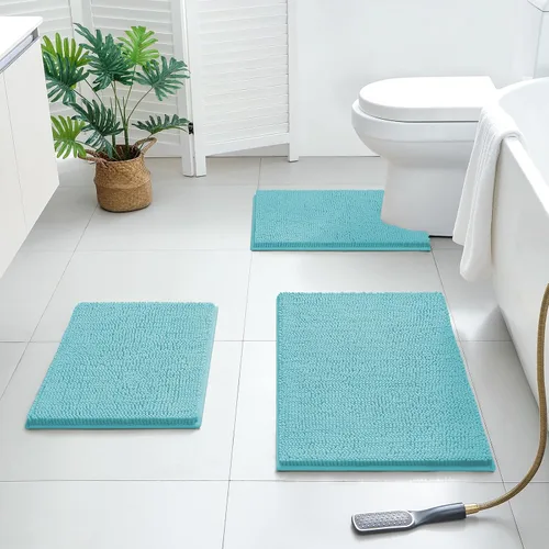 Vista 2 de BYSURE Juego de 3 alfombras de baño color azul aguamarina, antideslizantes, extra absorbentes, de felpilla, suaves, lavables Azul-aqua azul