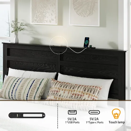 Vista 4 de Base de cama tamaño matrimonial con cabecero de madera, estructura de cama de plataforma de madera con estribo de puerta corrediza de granero