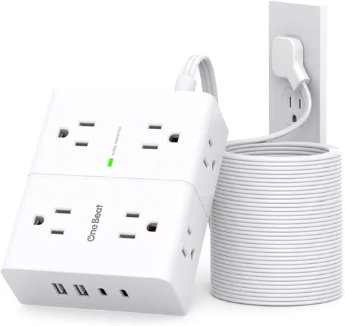 Vista 9 de One Beat Regleta protectora de sobretensiones, cable de extensión plano ultrafino de 6 pies con 8 tomas, 4 puertos USB (2 USB C), regleta