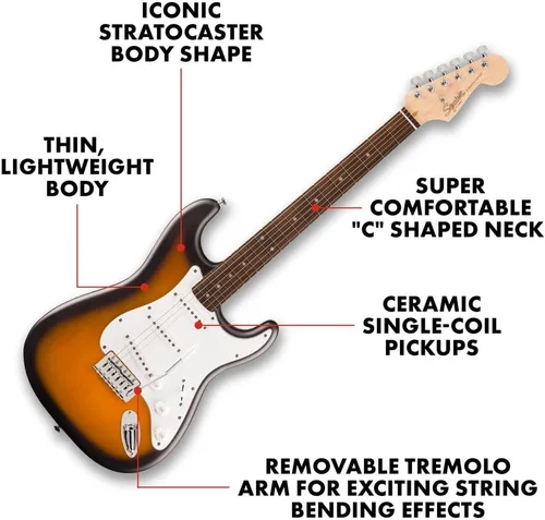 Vista 2 de Fender Squier Stratocaster - Guitarra eléctrica para principiantes, 2 colores Sunburst 2-Color Solburst