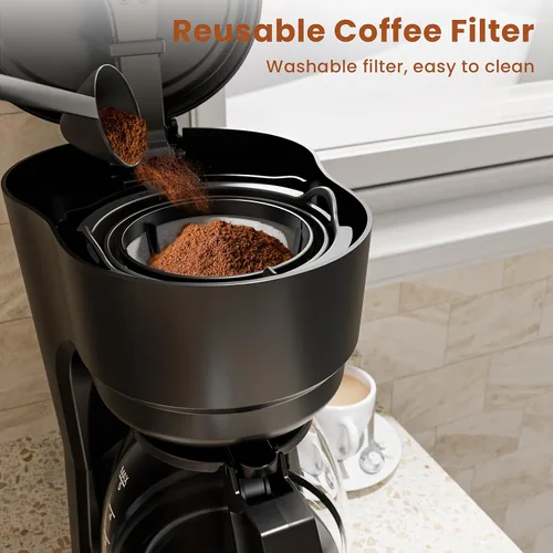 Vista 4 de WAA Cafetera de goteo programable de 5 tazas, cafetera portátil con olla de vidrio y filtro reutilizable, plato para mantener el calor, retrasar