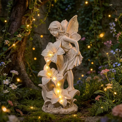 Vista 9 de Figura de ángel, grandes estatuas de jardín de ángel para exteriores con luces LED solares de mariposa, decoración de césped, adorno escultórico