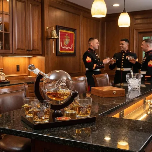 Vista 7 de U.S. Marine Globe - Juego de decantador de whisky con 4 vasos de licor, juego de regalo USMC con base de madera de caoba y emblema, regalos USMC