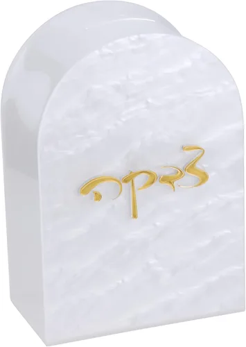 Vista 4 de Pearl Lucite Tzedakah Box - Moderna caja benéfica Judaica Tsedaka con letras plateadas