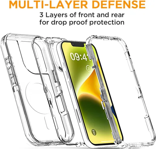 Vista 5 de AICase Funda transparente para iPhone 16e/13/iPhone 14, compatible con MagSafe 3 en 1, resistente protección contra caídas, cuerpo completo, a
