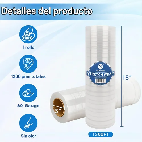 Vista 2 de NEXCOVER Envoltura Elástica de 18 Pulgadas - 1200 Pies Calibre 60, 1 Rollo de Película Elástica Autoadhesiva de Plástico Transparente