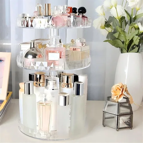 Vista 8 de Organizador de perfumes, organizador de maquillaje giratorio de 360 grados, caja de almacenamiento de cosméticos de diamante, estante giratorio