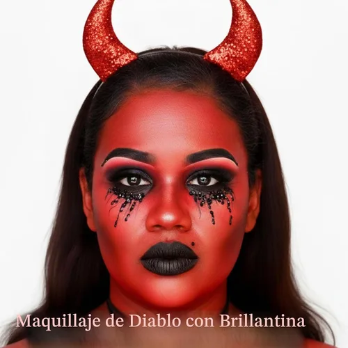 Vista 3 de Kit de maquillaje de Halloween de pintura facial roja, diadema de cuernos de diablo para mujer, pintura de cuerpo rojo a base de agua de 1.01 onzas