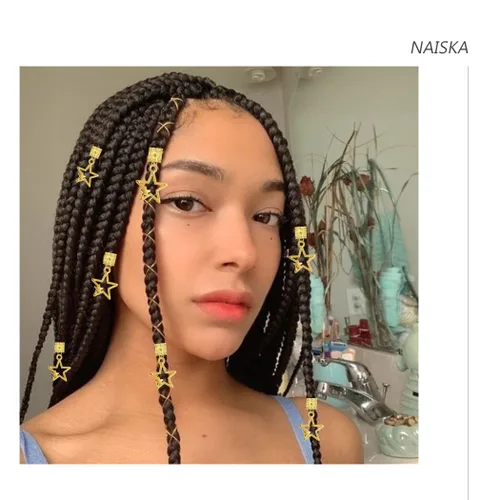Vista 6 de NAISKA 10 clips de trenza de estrella dorada, accesorios para rastas, cuentas trenzadas de cinco puntas, pinzas para el cabello, accesorios