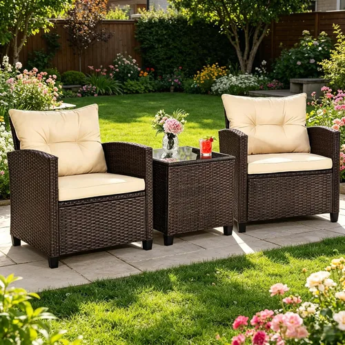 Vista 8 de ORALNER Juego de muebles de patio de 3 piezas, juego de mimbre para Beige