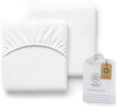 Vista 9 de Threadmill Sábana de cuna de algodón orgánico, blanco, 2 piezas, ajustada, unisex Azul Blanco