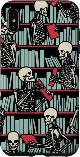 Vista 11 de iPhone 16 Bookish Public Library Skeleton Goth Librarian Books Pattern Case