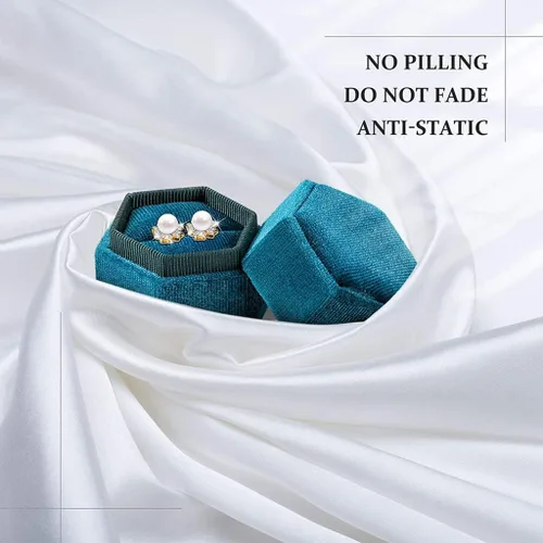 Vista 5 de Caja hexagonal de terciopelo para anillos con doble anillo, elegante caja de almacenamiento de joyas para propuestas, compromiso, aniversario, Blanco