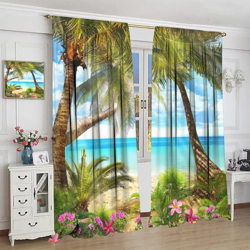 Vista 4 de Cortinas de playa con estampado de plantas tropicales y árboles de coco, paisaje natural, con bolsillo para barra, 2 paneles, decoración