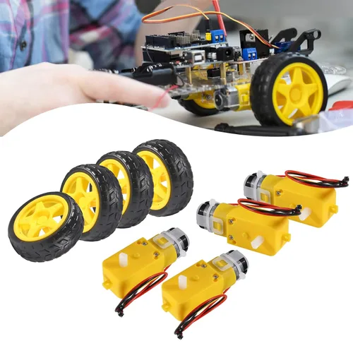 Vista 4 de Motor TT de 4 piezas DC 3-6 V Motor de caja de cambios de doble eje 200RPM relación 1:48 motor con kit de rueda de neumáticos para Arduino DIY Smart