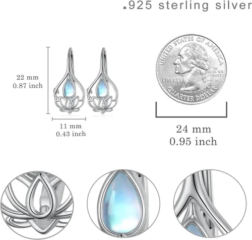 Vista 4 de Aretes de loto de piedra lunar para mujer, plata de ley 925, diseño de flor de loto, joyería de loto, regalos para mujeres, niñas, mamá, hija