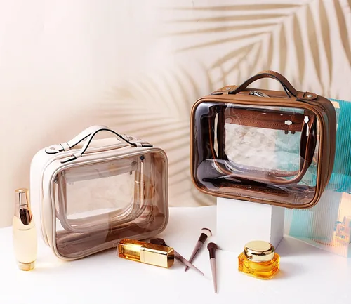 Vista 4 de SANHECUN Neceser de viaje Estuche grande transparente para cosméticos bolsa de maquillaje (marrón, pequeño)
