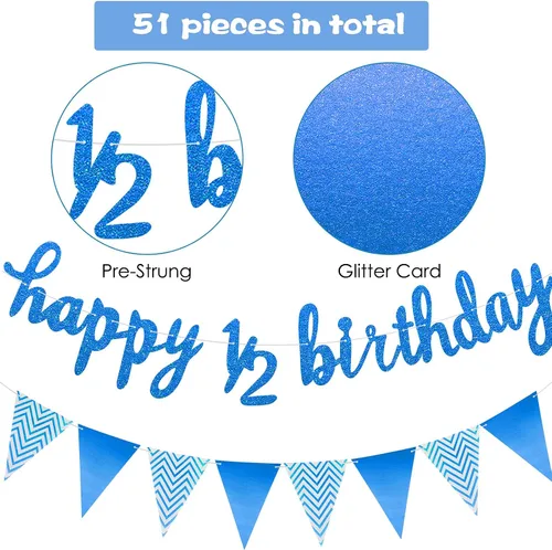 Vista 3 de Skylety Decoraciones de 1/2 de mitad de cumpleaños, traje de 6 meses, pancarta de bebé, decoración de cupcakes, bandera triangular, globos de Azul