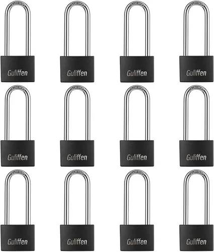 Vista 8 de Guliffen Paquete de 2 Candados de Aluminio Cubiertos con Llave, Candado Negro para Casillero con Grillete Largo para Portones, Cercas, Cajas