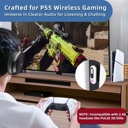 Vista 5 de Adaptador de audio Bluetooth USB-C para PS5 y PS4, transmisor de audio inalámbrico de baja latencia con aptX adaptable, auriculares Bluetooth