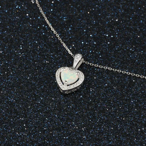 Vista 8 de Lam Sence Collar con colgante de ópalo creado en forma de corazón de plata esterlina (corazón de halo de ópalo de 0.236 in)