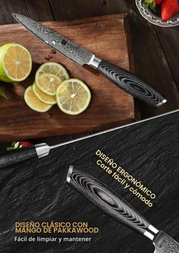 Vista 4 de XINZUO Cuchillo de cocina para pelar, cuchillo de acero de Damasco súper afilado de 5 pulgadas, cuchillo de frutas, mango de madera de Pakkawood