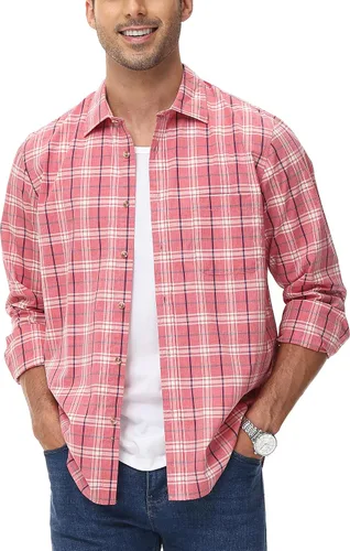 Vista 4 de MCEDAR Camisa de algodón de manga larga con botones y bolsillo a cuadros de ajuste regular para hombre