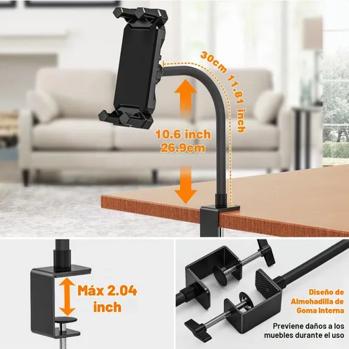 Vista 4 de Soporte para tablet con abrazadera de cuello de cisne para escritorio, compatible con iPad mini/Air/Pro, Kindle Fire HD, Galaxy Tabs y todas