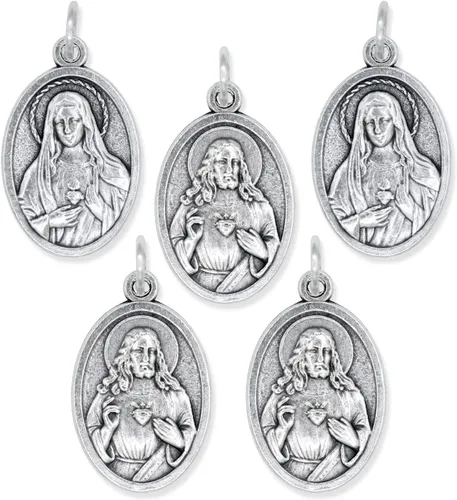 Vista 2 de Paquete de 5 medallas del Corazón de María y el Sagrado Corazón de Jesús Colgantes católicos oxidados de plata de 1 pulgada para collar y rosario