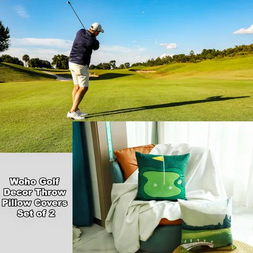 Vista 2 de Woho Juego de 2 fundas de almohada decorativas de golf de 18 x 18 pulgadas, funda de almohada con estampado de campo de golf holandés con cremallera