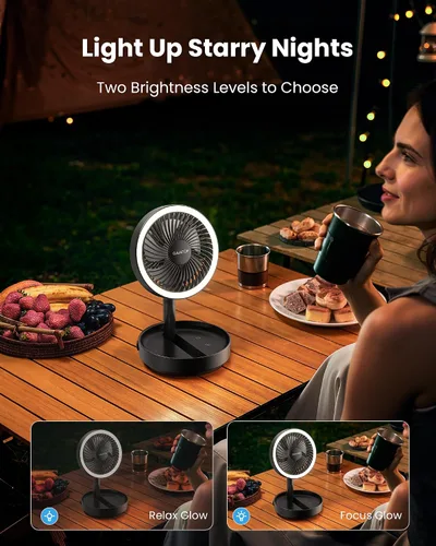 Vista 4 de Gaiatop Ventilador de escritorio pequeño plegable con luz nocturna LED, inalámbrico de 6000 mAh, ventilador portátil recargable por USB, para Negro