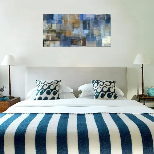 Vista 5 de DZL Art A74875 - Arte abstracto grande para pared, impresiones en lienzo gris y azul, arte de pared enmarcado, arte de pared para sala de estar